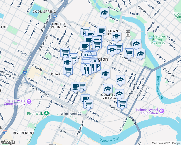map of restaurants, bars, coffee shops, grocery stores, and more near 701 North King Street in Wilmington
