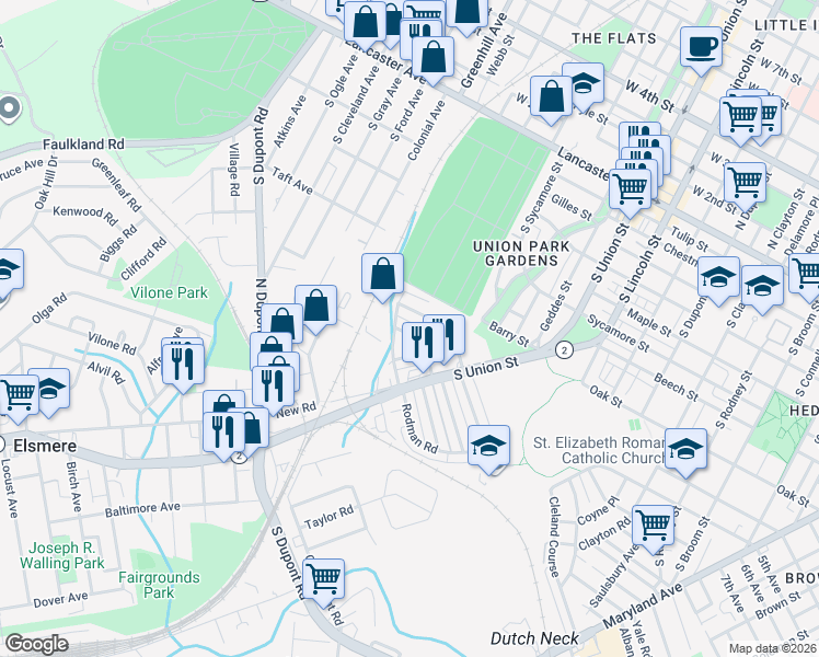 map of restaurants, bars, coffee shops, grocery stores, and more near 2106 Seneca Road in Wilmington