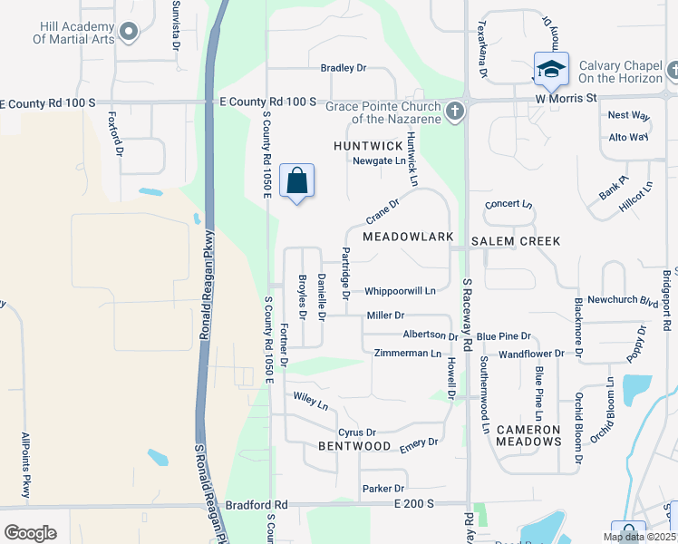 map of restaurants, bars, coffee shops, grocery stores, and more near 1224 Partridge Drive in Indianapolis