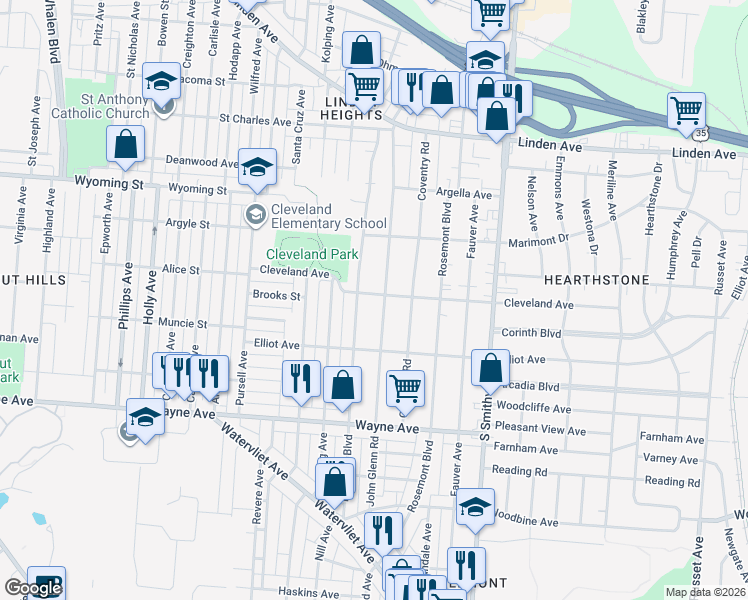 map of restaurants, bars, coffee shops, grocery stores, and more near 1716 Pershing Boulevard in Dayton