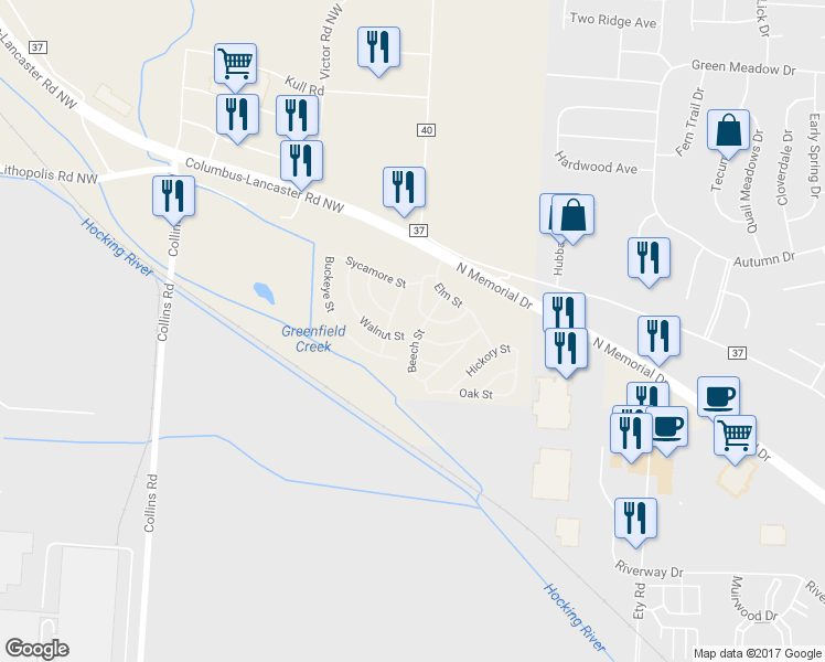 map of restaurants, bars, coffee shops, grocery stores, and more near Walnut Street in Lancaster
