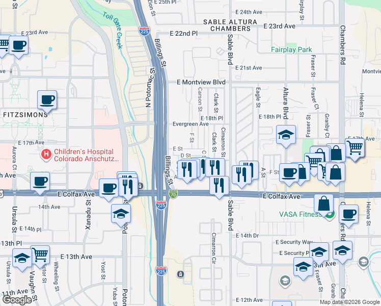 map of restaurants, bars, coffee shops, grocery stores, and more near 1540 Billings Street in Aurora
