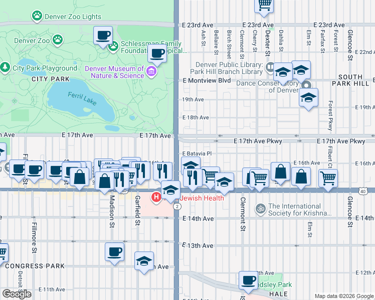 map of restaurants, bars, coffee shops, grocery stores, and more near 4022 Batavia Place in Denver