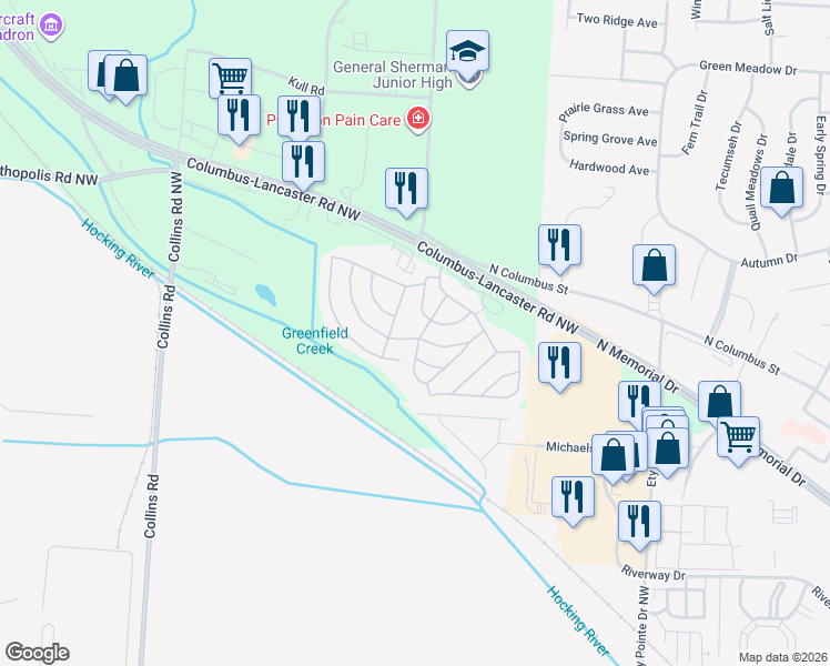map of restaurants, bars, coffee shops, grocery stores, and more near 2445 Columbus-Lancaster Road Northwest in Lancaster