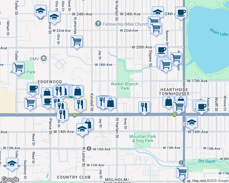map of restaurants, bars, coffee shops, grocery stores, and more near 1603 North Harlan Street in Lakewood