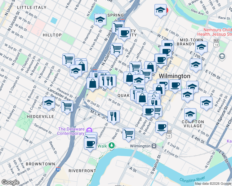 map of restaurants, bars, coffee shops, grocery stores, and more near 602 Delaware 9 in Wilmington