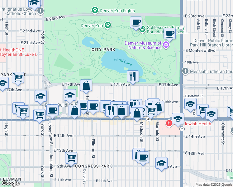 map of restaurants, bars, coffee shops, grocery stores, and more near 1623 Adams Street in Denver