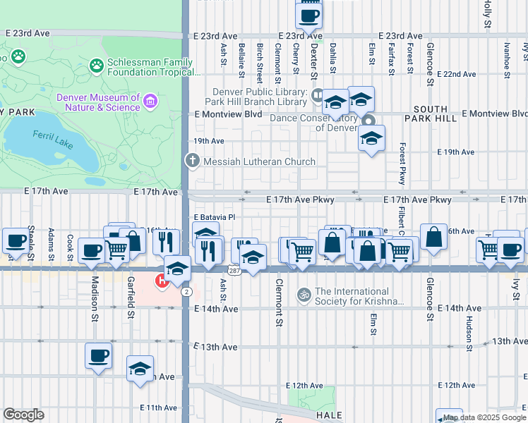 map of restaurants, bars, coffee shops, grocery stores, and more near 1641 Clermont Street in Denver