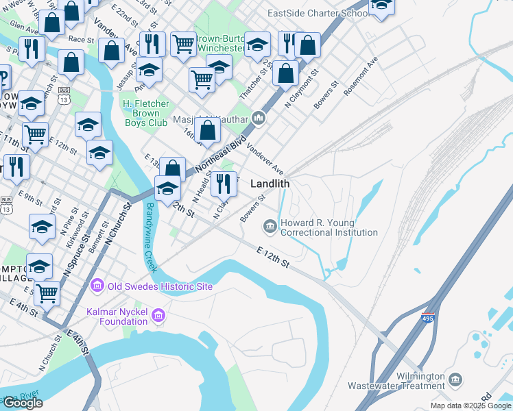 map of restaurants, bars, coffee shops, grocery stores, and more near 1301 East 12th Street in Wilmington