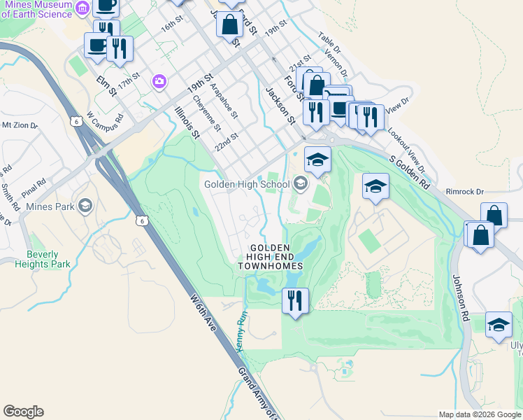 map of restaurants, bars, coffee shops, grocery stores, and more near 1002 Homestake Drive in Golden