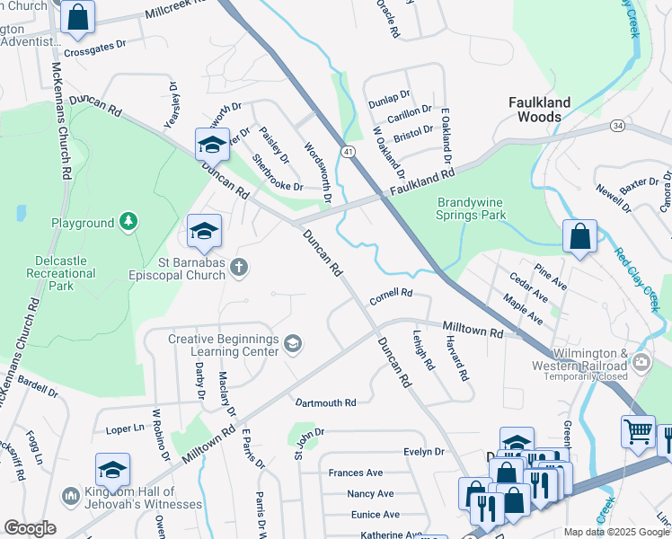 map of restaurants, bars, coffee shops, grocery stores, and more near Duncan Road in Wilmington