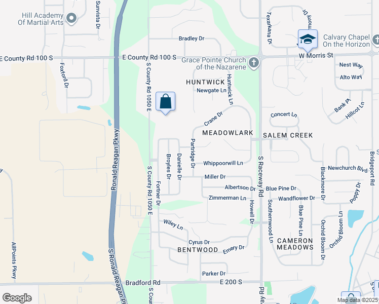 map of restaurants, bars, coffee shops, grocery stores, and more near 1224 Partridge Drive in Indianapolis