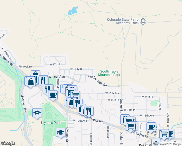 map of restaurants, bars, coffee shops, grocery stores, and more near 16745 Golden Hills Road in Golden