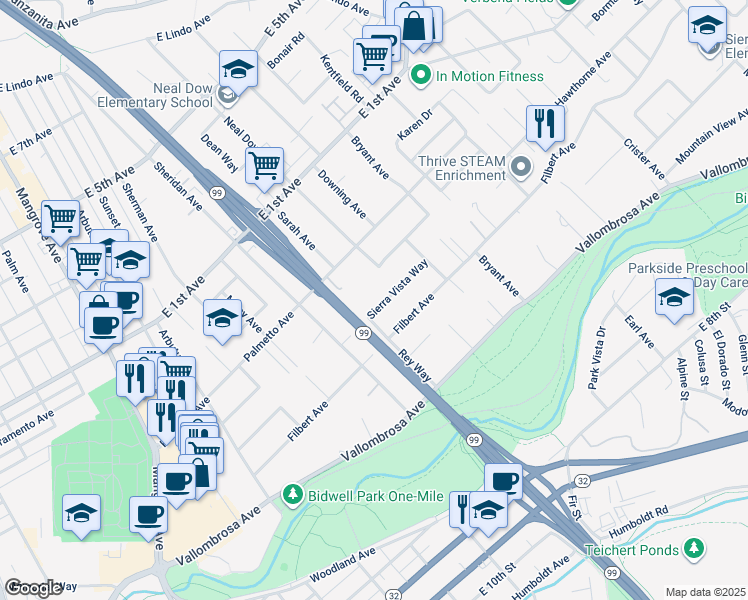 map of restaurants, bars, coffee shops, grocery stores, and more near 1074 Sierra Vista Way in Chico