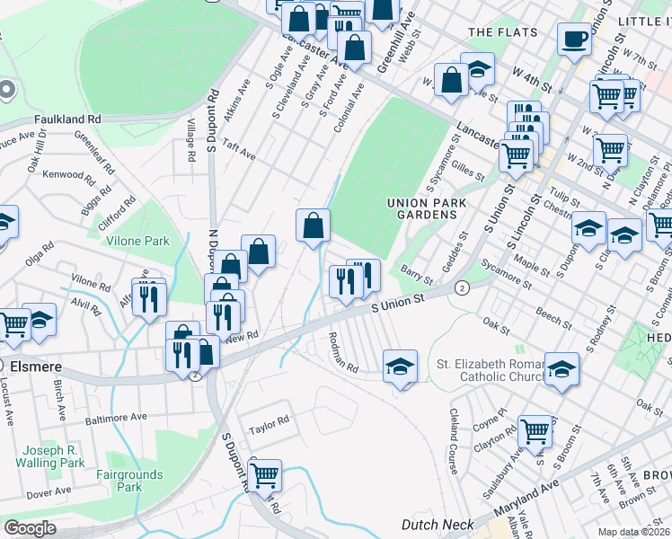 map of restaurants, bars, coffee shops, grocery stores, and more near 2106 Seneca Road in Wilmington