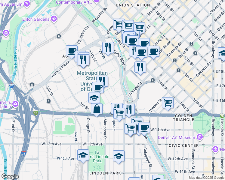 map of restaurants, bars, coffee shops, grocery stores, and more near 1062 11th Street in Denver