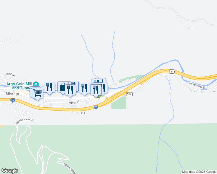 map of restaurants, bars, coffee shops, grocery stores, and more near 3107 Riverside Drive in Idaho Springs