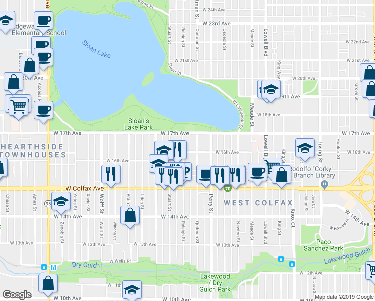 map of restaurants, bars, coffee shops, grocery stores, and more near 4001 West 16th Avenue in Denver