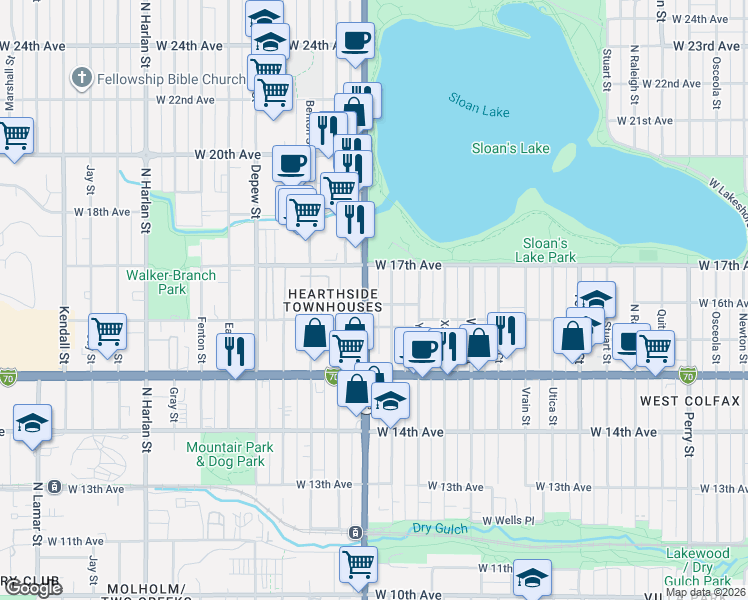 map of restaurants, bars, coffee shops, grocery stores, and more near 5100 West Annie Place in Denver