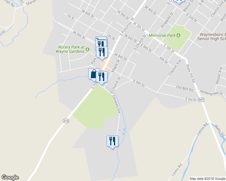 map of restaurants, bars, coffee shops, grocery stores, and more near 16 Old Mill Road in Waynesboro