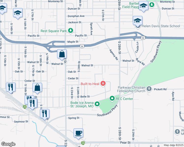 map of restaurants, bars, coffee shops, grocery stores, and more near 2525 Cedar Street in Saint Joseph