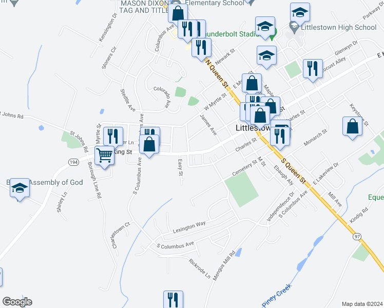 map of restaurants, bars, coffee shops, grocery stores, and more near 168 West King Street in Littlestown