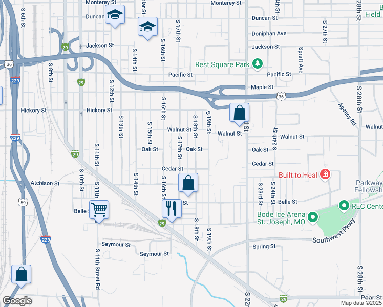 map of restaurants, bars, coffee shops, grocery stores, and more near 2518 South 18th Street in Saint Joseph