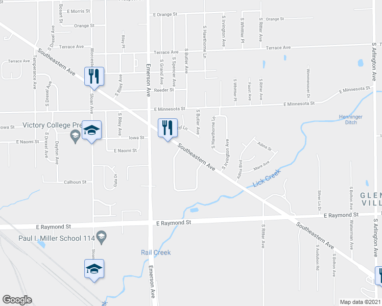 map of restaurants, bars, coffee shops, grocery stores, and more near 5302 Southeastern Avenue in Indianapolis