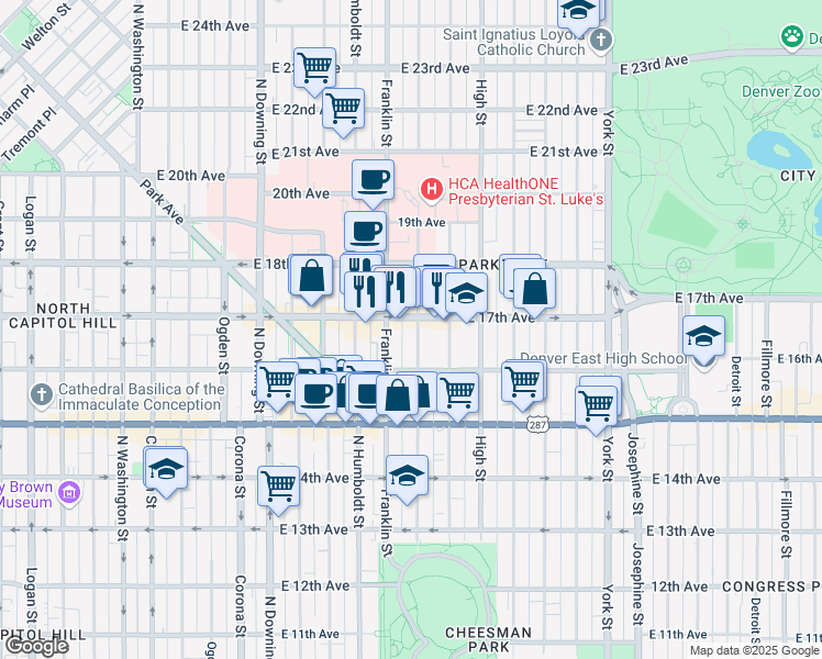 map of restaurants, bars, coffee shops, grocery stores, and more near 1644 Gilpin Street in Denver