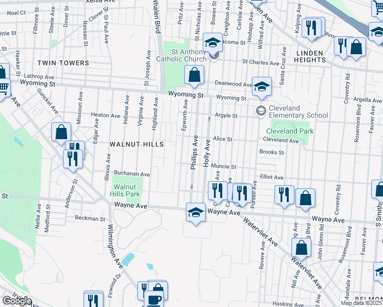 map of restaurants, bars, coffee shops, grocery stores, and more near 1237 Phillips Avenue in Dayton