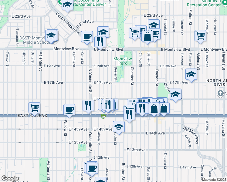 map of restaurants, bars, coffee shops, grocery stores, and more near 1625 Beeler Street in Aurora