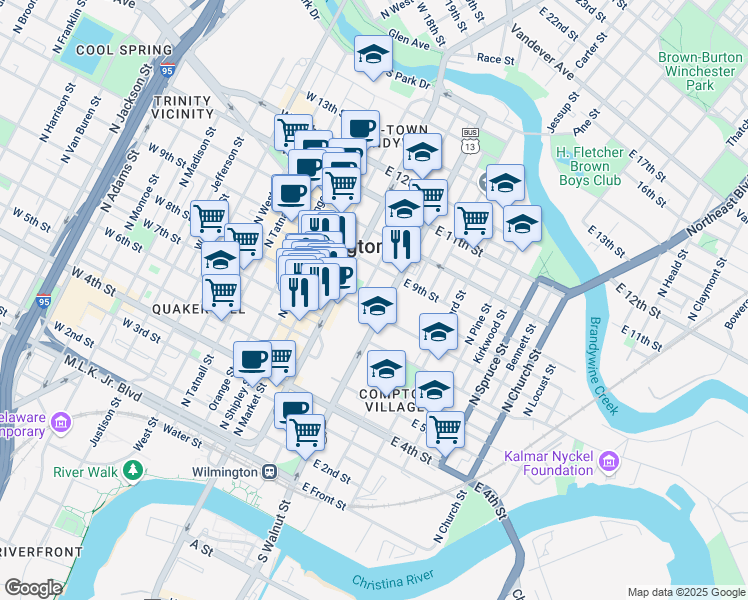 map of restaurants, bars, coffee shops, grocery stores, and more near 800 North French Street in Wilmington