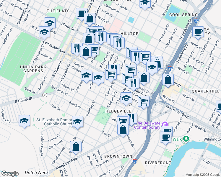 map of restaurants, bars, coffee shops, grocery stores, and more near 215 S Broom St in Wilmington