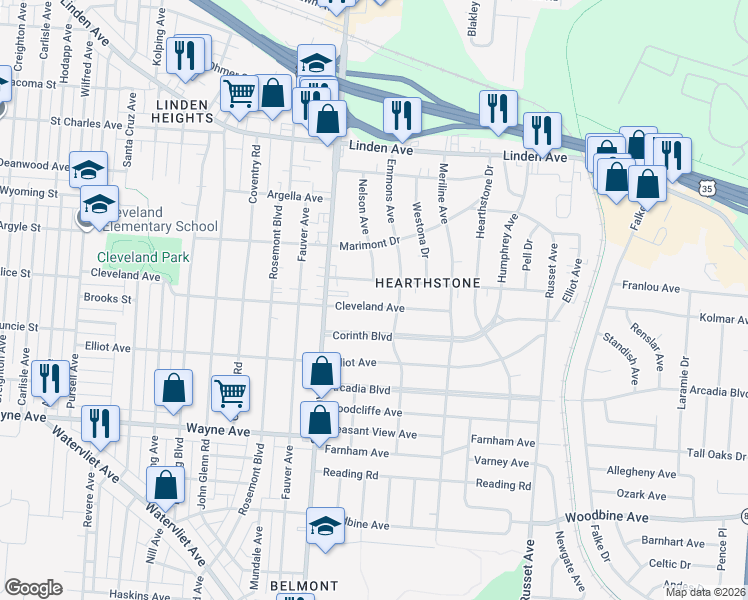 map of restaurants, bars, coffee shops, grocery stores, and more near 4102 Cleveland Avenue in Dayton
