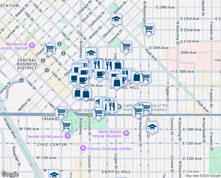 map of restaurants, bars, coffee shops, grocery stores, and more near 300 East 17th Avenue in Denver