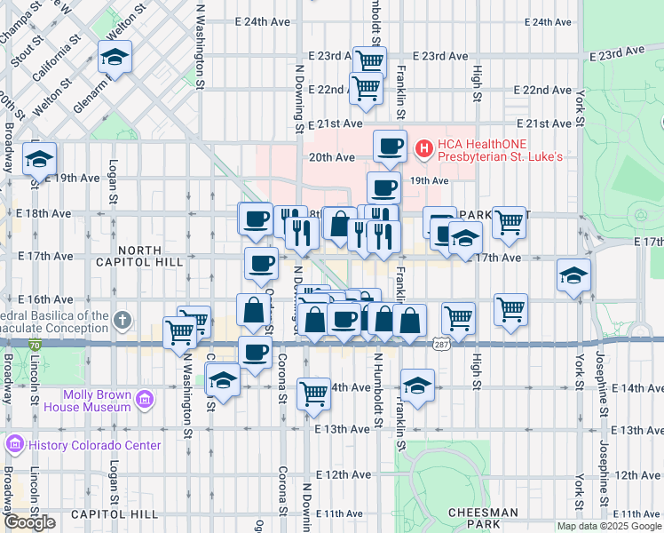 map of restaurants, bars, coffee shops, grocery stores, and more near 1280 East 17th Avenue in Denver