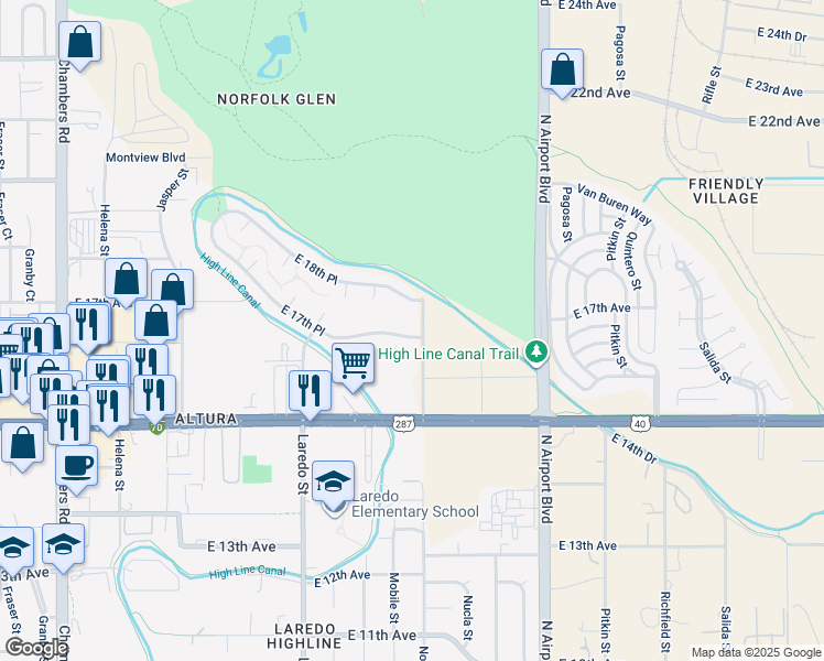 map of restaurants, bars, coffee shops, grocery stores, and more near 16486 East 17th Place in Aurora
