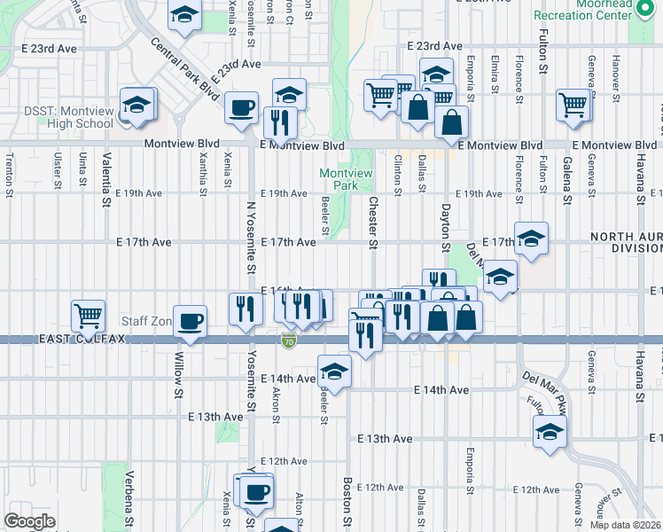 map of restaurants, bars, coffee shops, grocery stores, and more near 1625 Beeler Street in Aurora