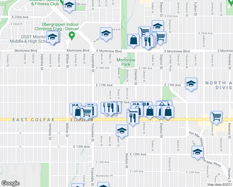 map of restaurants, bars, coffee shops, grocery stores, and more near 1625 Beeler Street in Aurora