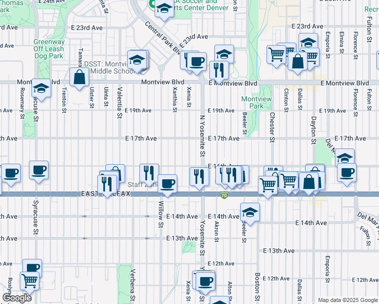 map of restaurants, bars, coffee shops, grocery stores, and more near 1621 Xenia Street in Denver