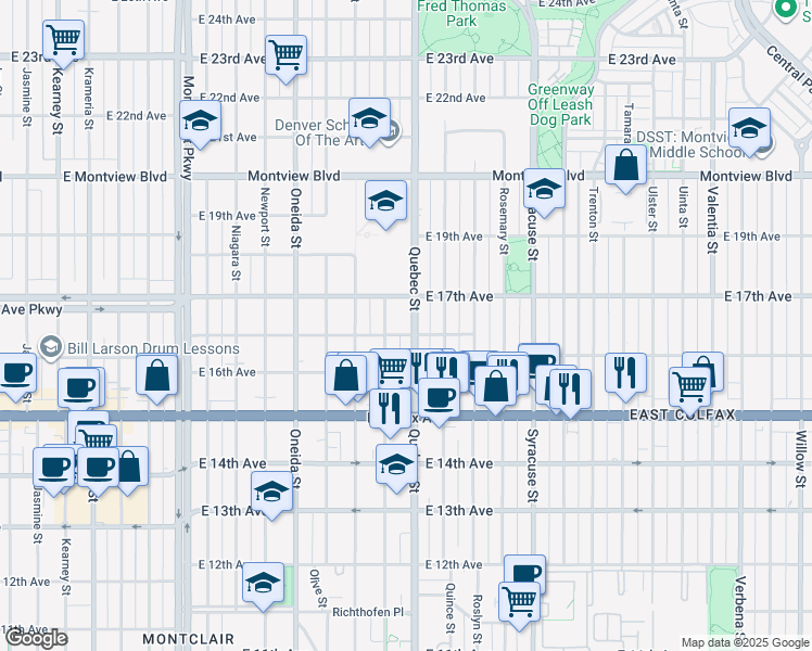 map of restaurants, bars, coffee shops, grocery stores, and more near 1648 Poplar Street in Denver
