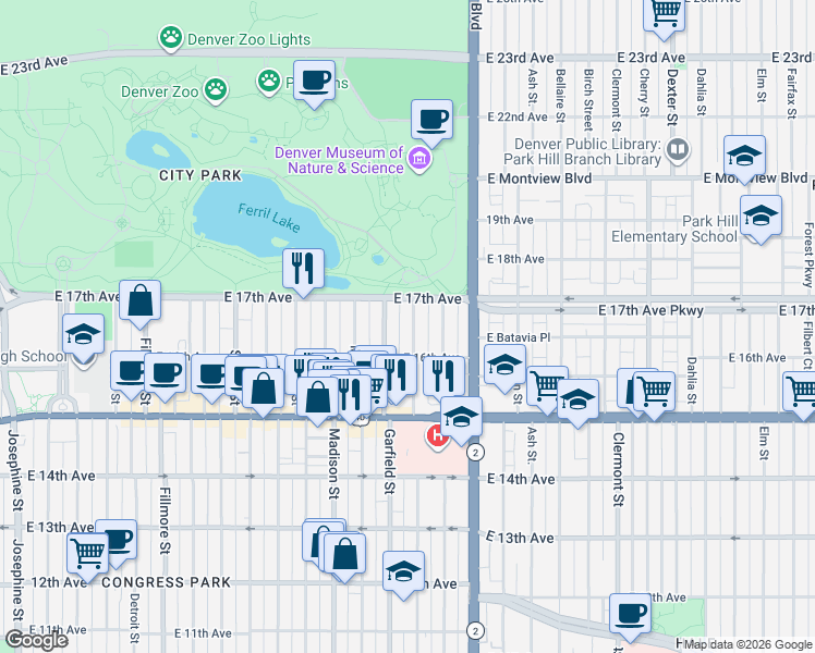 map of restaurants, bars, coffee shops, grocery stores, and more near 1630 Jackson Street in Denver