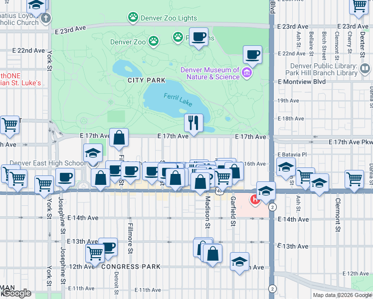 map of restaurants, bars, coffee shops, grocery stores, and more near 1620 Cook Street in Denver