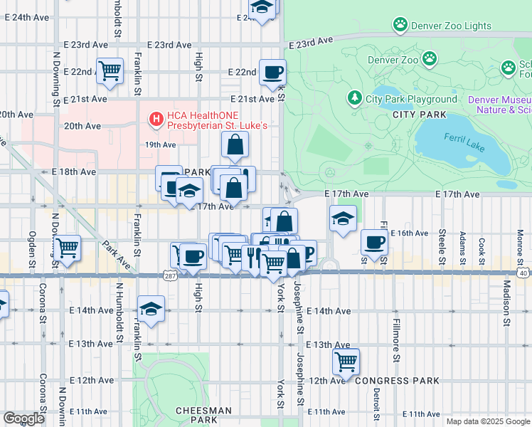 map of restaurants, bars, coffee shops, grocery stores, and more near 1652 North Gaylord Street in Denver