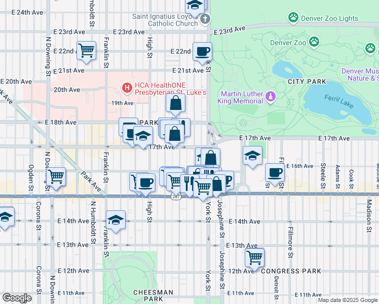 map of restaurants, bars, coffee shops, grocery stores, and more near 1650 North Gaylord Street in Denver
