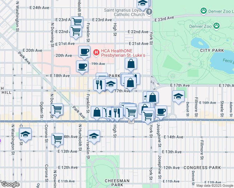 map of restaurants, bars, coffee shops, grocery stores, and more near 1645 Race Street in Denver