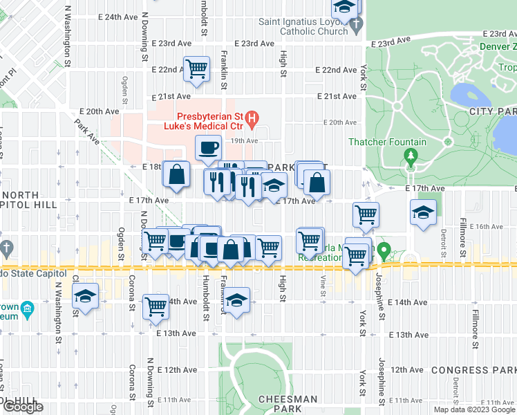 map of restaurants, bars, coffee shops, grocery stores, and more near 1644 Gilpin Street in Denver