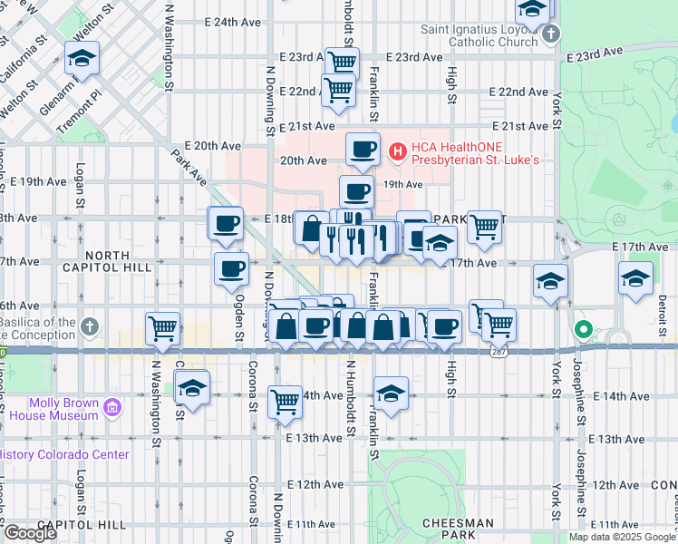 map of restaurants, bars, coffee shops, grocery stores, and more near in Denver