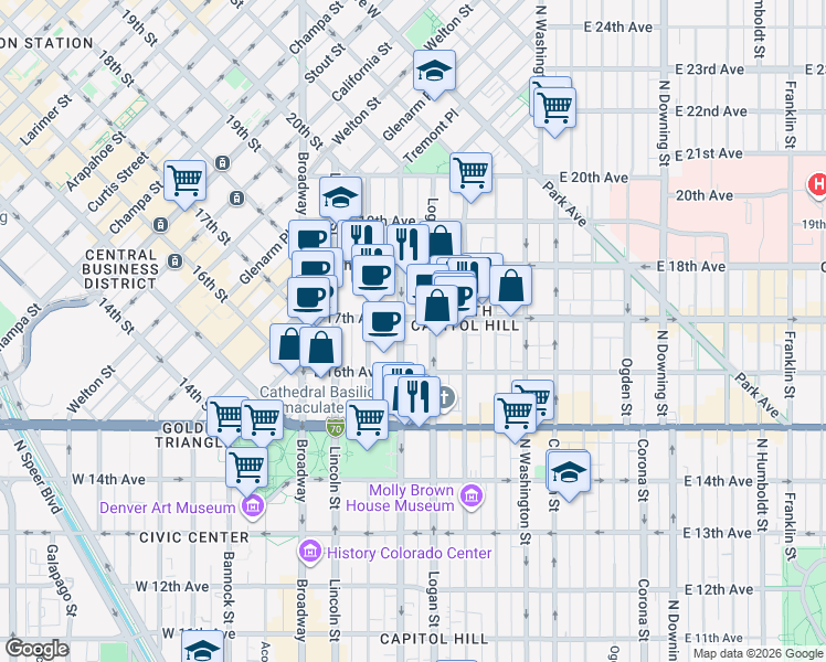 map of restaurants, bars, coffee shops, grocery stores, and more near in Denver