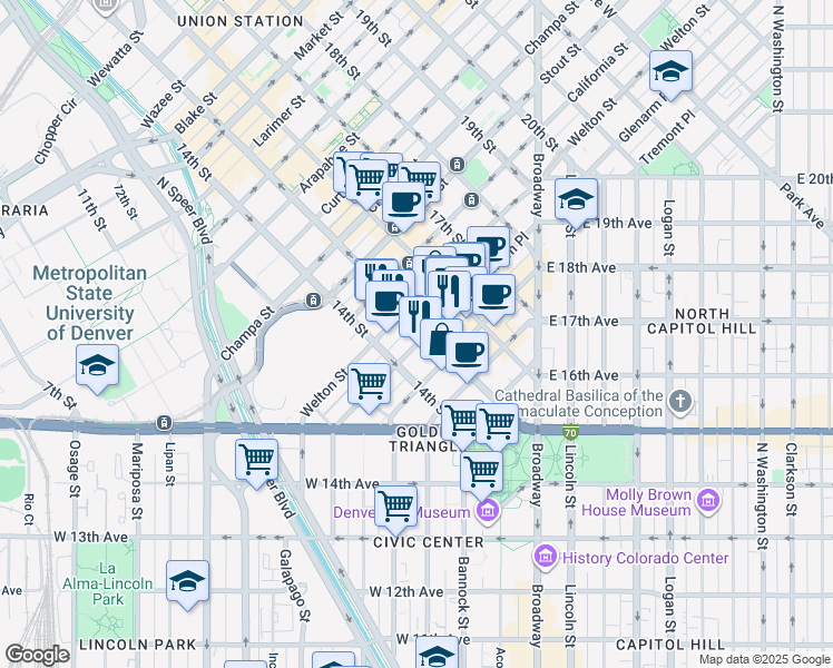 map of restaurants, bars, coffee shops, grocery stores, and more near in Denver